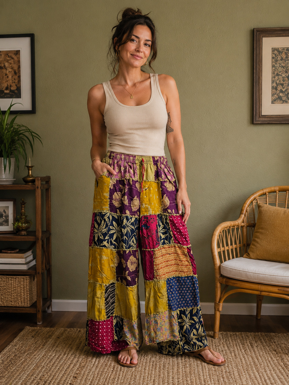 Boho Patchwork Wide leg pants OS NWOT